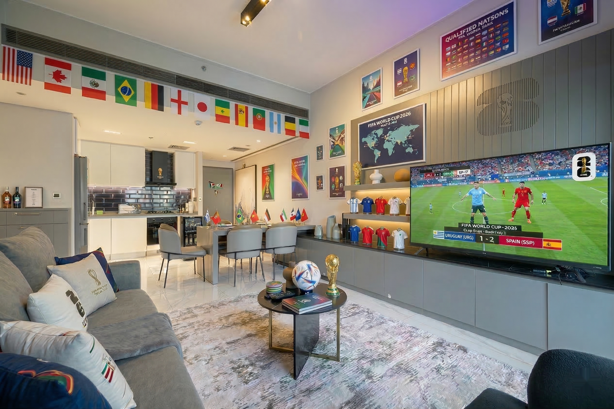 FIFA-themed fan sanctuary room after transformation